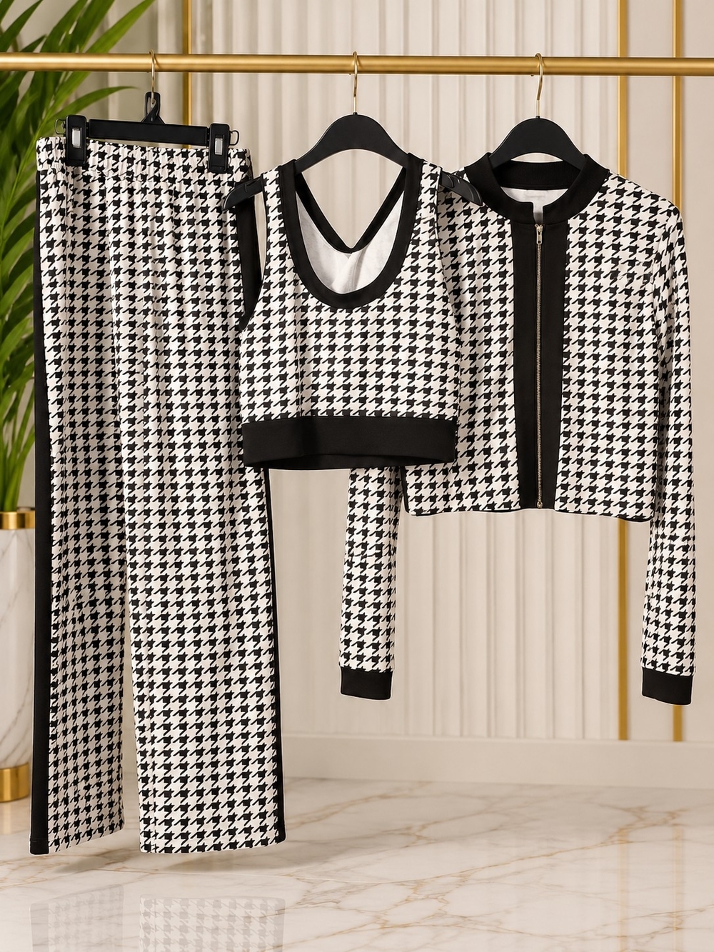 SHEIN Black & White Houndstooth A-Line Skirt Set